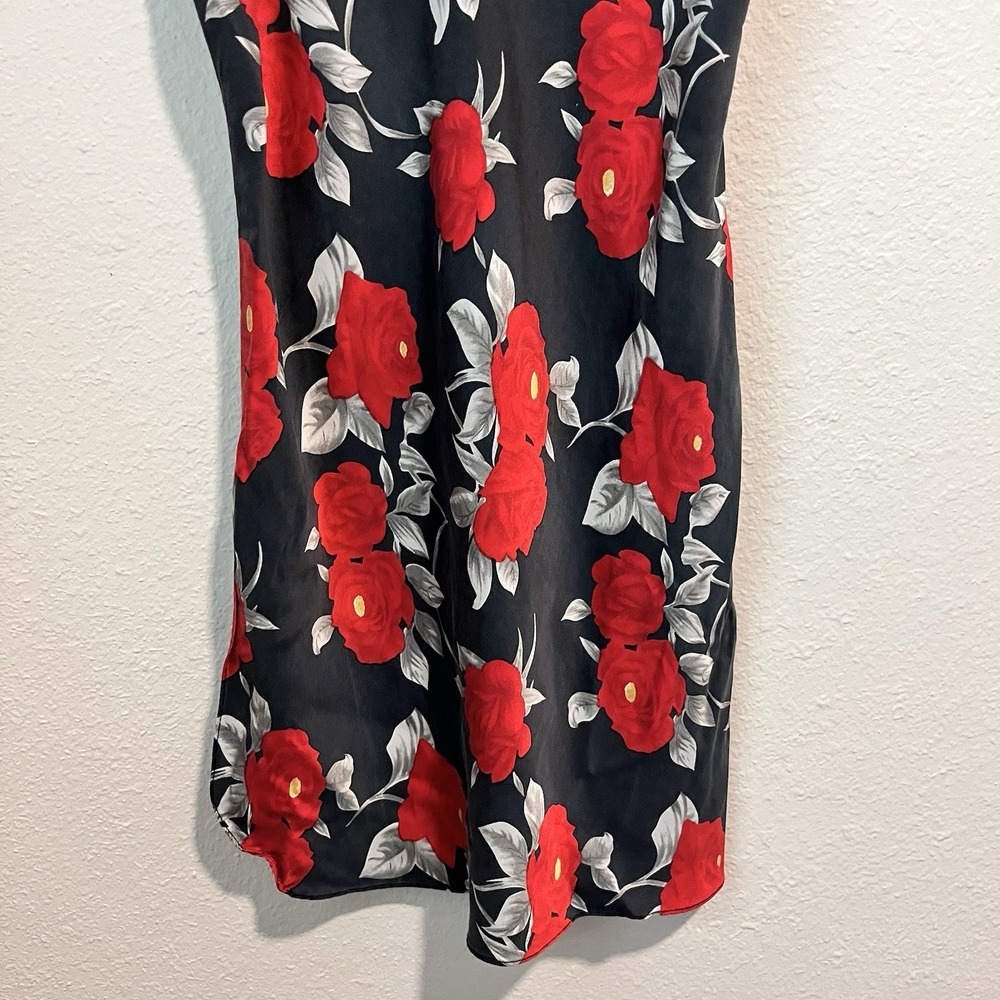 Vintage 90's Slip Dress Chemise Medium 100% Silk Black Floral Satin Babydoll - Picture 3 of 15